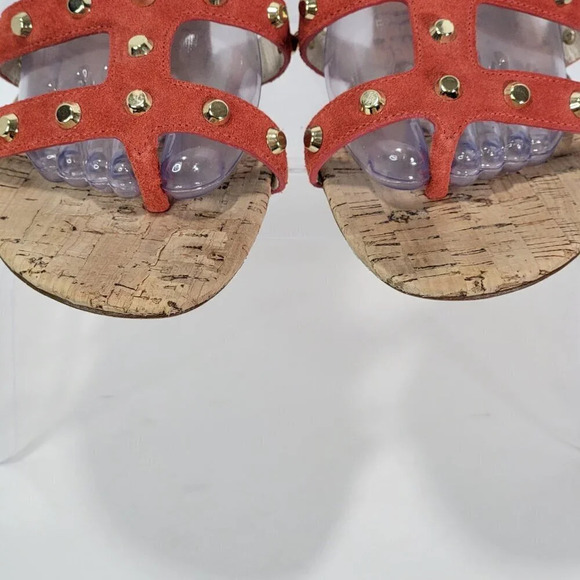 Michael Kors Women’s 9 Cork Wedge Orange Suede Studded Strappy Thong Sandals - Picture 3 of 10